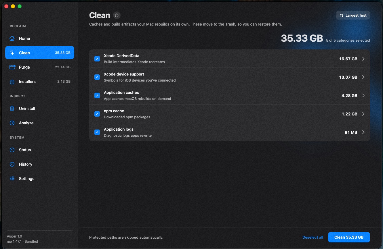 Auger's Clean screen listing Xcode DerivedData, device support and app caches with exact sizes