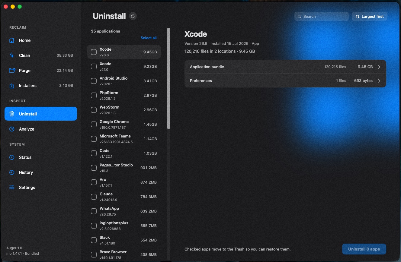 Auger's Uninstall screen showing installed apps and a Xcode detail with version, install date and file breakdown